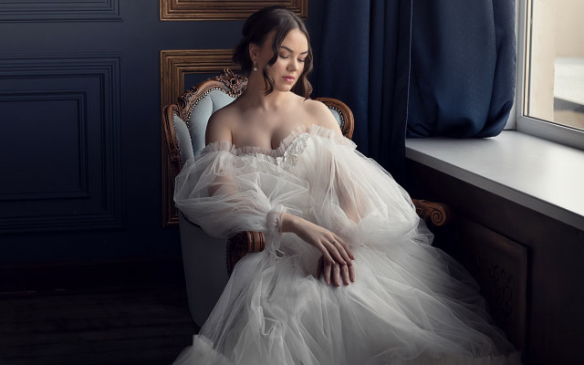 Woman white dress sitting window free wallpaper for desktop - medium preview image