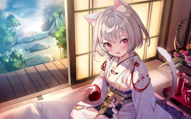 Anime girl cat ears kimono free wallpaper for desktop - medium preview image