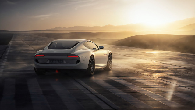 White sports car sunset ocean free wallpaper for desktop - medium preview image