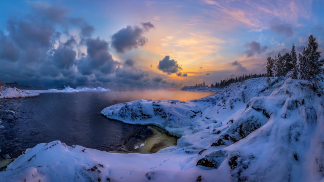 Sunset lake snow trees clouds #2 free wallpaper for desktop - medium preview image