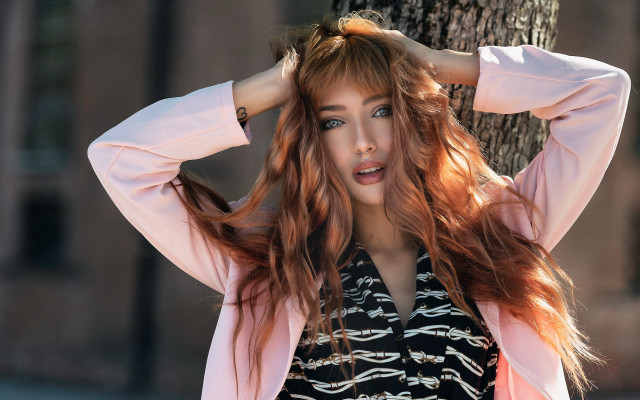 Redhaired woman tree hands up free wallpaper for desktop - medium preview image