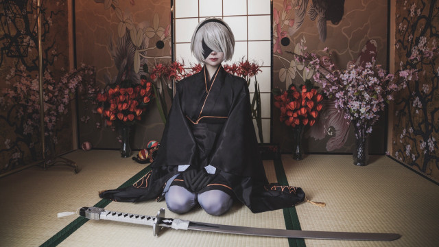 Woman sitting kimono blindfold sword free wallpaper for desktop - medium preview image