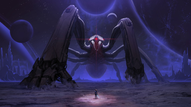 Futuristic astronaut giant spider night free wallpaper for desktop - medium preview image