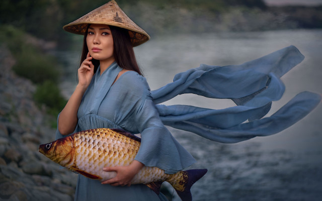 Woman hat fish cellphone kimono free wallpaper for desktop - medium preview image
