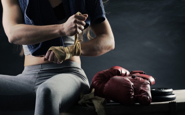 Woman boxing gloves table boots free wallpaper for desktop - medium preview image