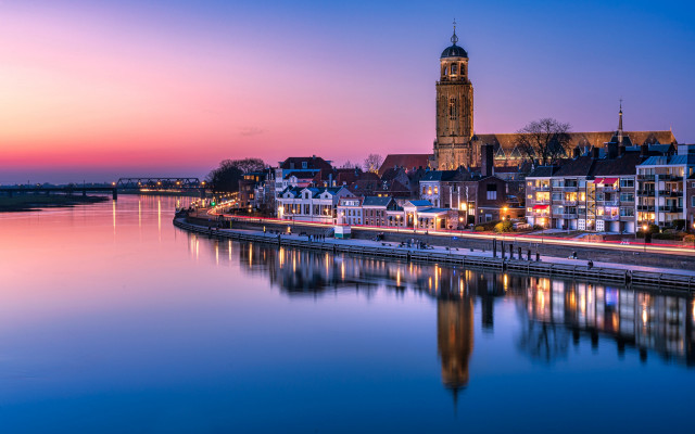 Heidelberg clocktower river dusk lightscape free wallpaper for desktop - medium preview image