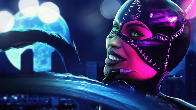 Woman purple mask city night free wallpaper for desktop - medium preview image