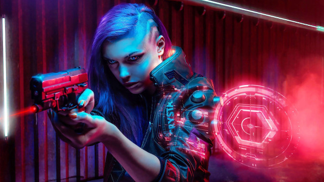 Woman neon lit cyberpunk gun free wallpaper for desktop - medium preview image