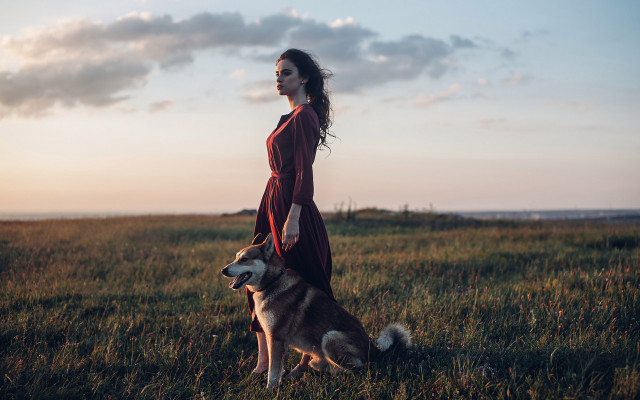 Woman red dress dog field free wallpaper for desktop - medium preview image