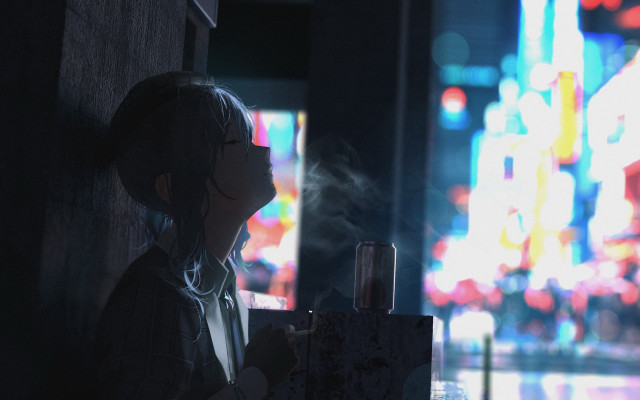 Woman alley cigarette cyberpunk night free wallpaper for desktop - medium preview image