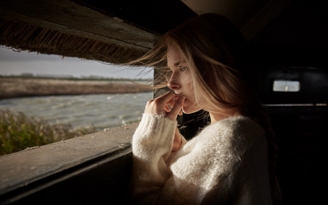 Woman window water grass blonde free wallpaper for desktop - medium preview image