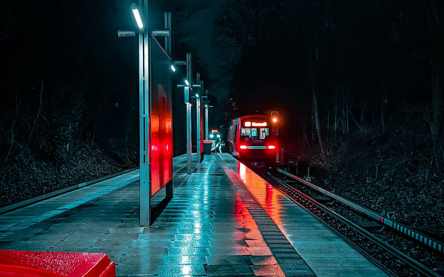 Night train station city lights free wallpaper for desktop - medium preview image