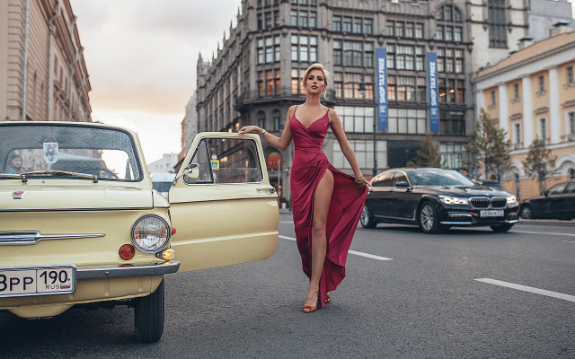 Woman red dress street city free wallpaper for desktop - medium preview image