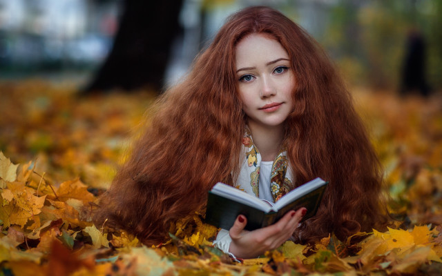 Red haired woman leaves reading free wallpaper for desktop - medium preview image