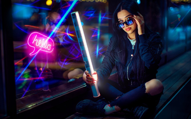 Woman sitting neon saber cyberpunk free wallpaper for desktop - medium preview image