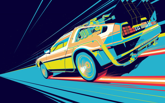 Car street retrofuturism blue yellow free wallpaper for desktop - medium preview image