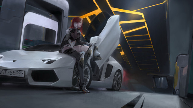 Futuristic woman sports car staircase free wallpaper for desktop - medium preview image