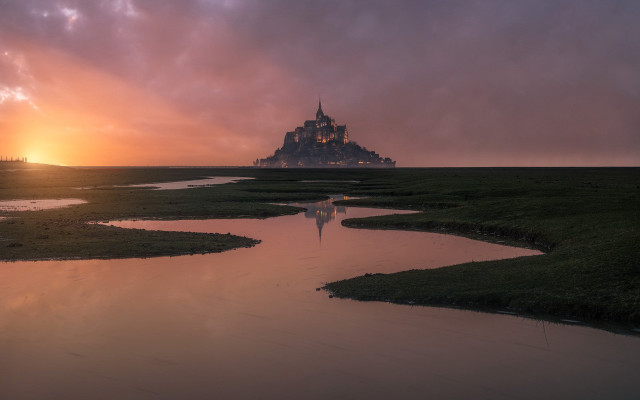 Castle water sunset matte cinematic free wallpaper for desktop - medium preview image