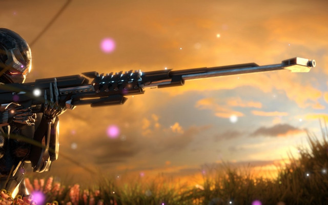 Man holding gun field sunset free wallpaper for desktop - medium preview image