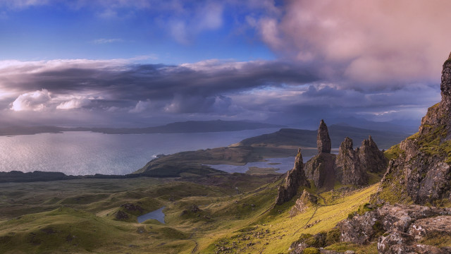 Mountain lake clouds cityscape sunset free wallpaper for desktop - medium preview image
