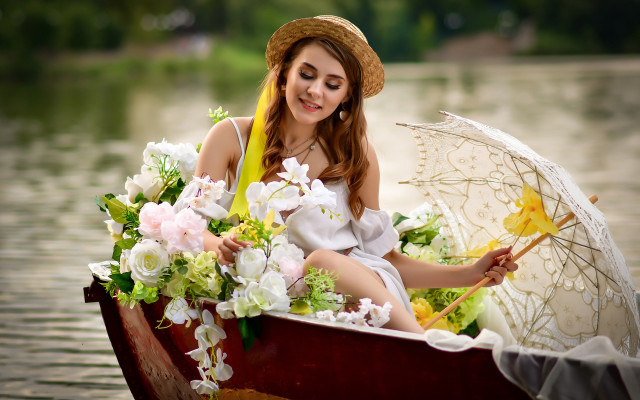 Woman boat umbrella flowers smiling free wallpaper for desktop - medium preview image