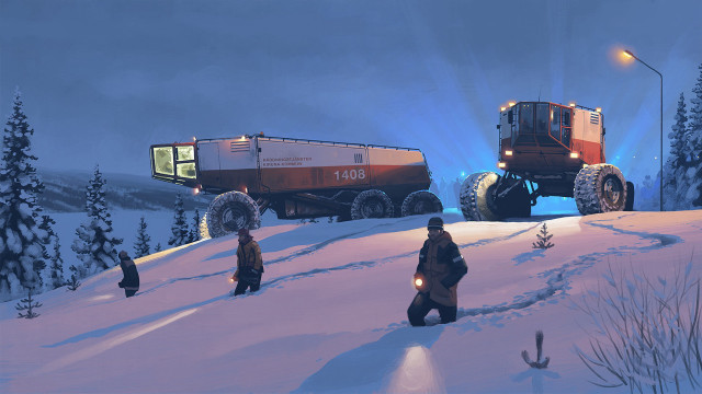 Snowy night truck people matte free wallpaper for desktop - medium preview image