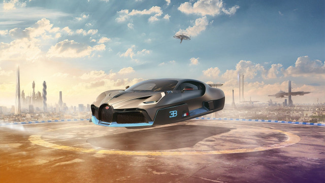 Futuristic car flying over city free wallpaper for desktop - medium preview image