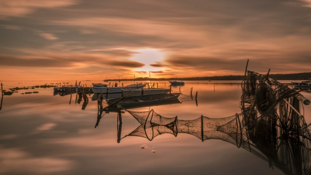 Boats lake cloudy sunset nets #2 free wallpaper for desktop - medium preview image