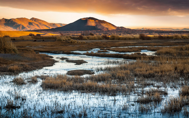 River green field mountains sunset free wallpaper for desktop - medium preview image