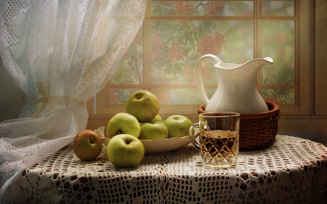 Table pitcher apples basket indoors free wallpaper for desktop - medium preview image