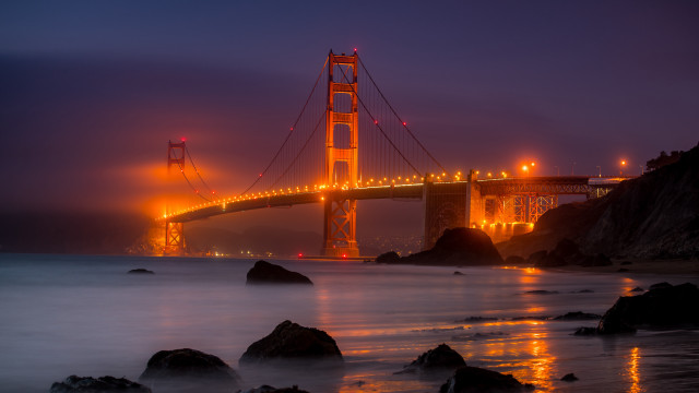 Bridge lights night water rocks free wallpaper for desktop - medium preview image