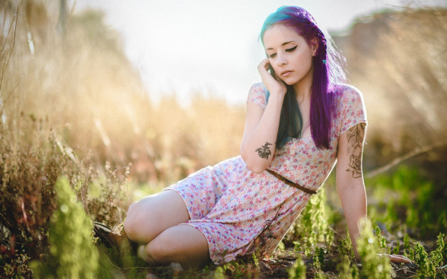 Purple hair woman tattoo field free wallpaper for desktop - medium preview image