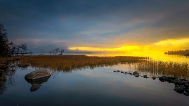 Sunset lake rocks grass birds free wallpaper for desktop - medium preview image