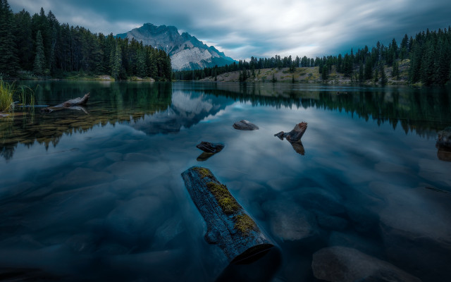 Lake log mountains clouds forest free wallpaper for desktop - medium preview image