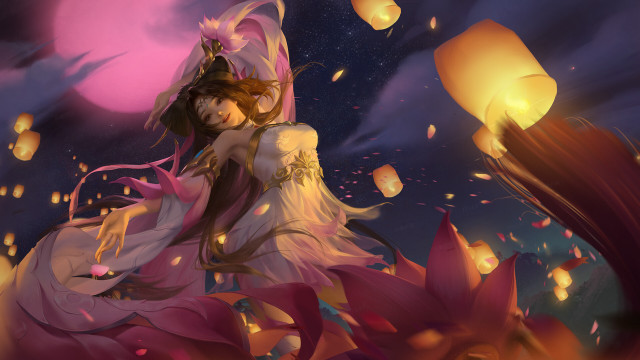 Woman dress flying lanterns moon free wallpaper for desktop - medium preview image