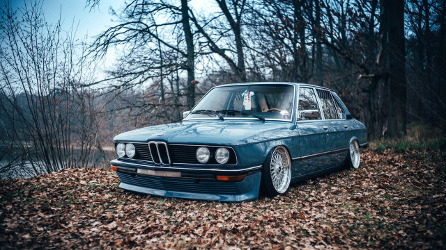 Blue car forest water autumn free wallpaper for desktop - medium preview image