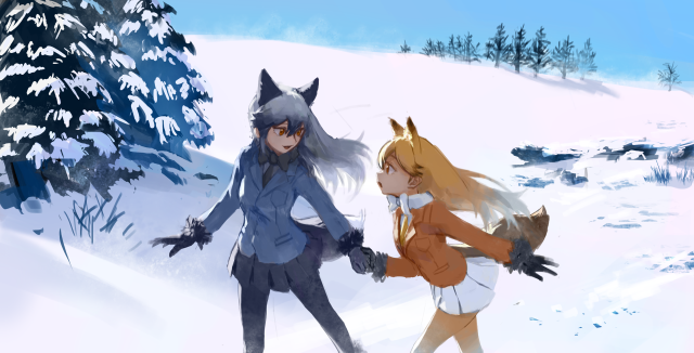 Anime characters walking snow trees free wallpaper for desktop - medium preview image