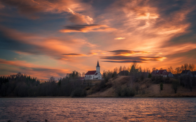 Church hill lake sunset clouds free wallpaper for desktop - medium preview image