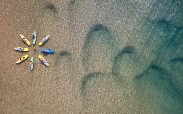 Surfboards beach ocean footprints land free wallpaper for desktop - medium preview image