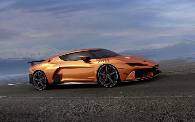 Orange sports car mountains cloudy free wallpaper for desktop - medium preview image