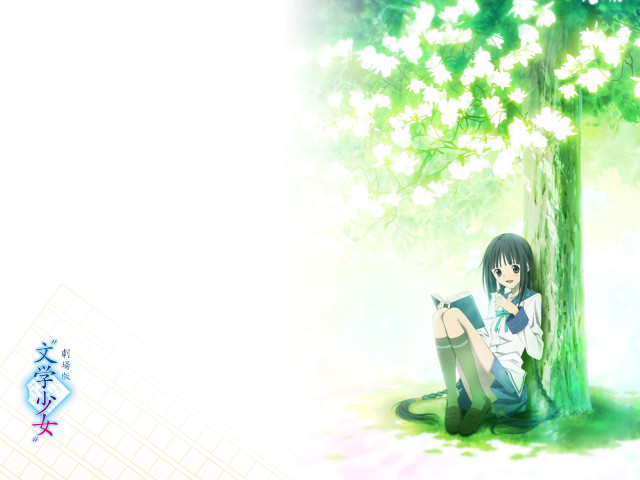 Girl sitting tree flowers book free wallpaper for desktop - medium preview image