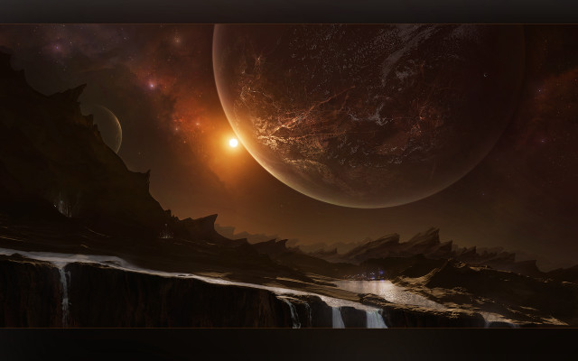 Planet waterfall moonlight city sky free wallpaper for desktop - medium preview image
