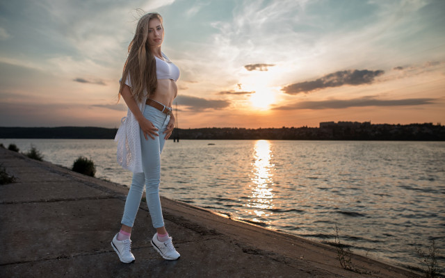 Woman pier ocean sunset wind free wallpaper for desktop - medium preview image