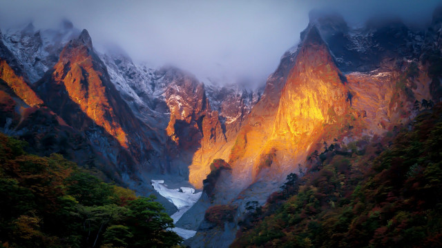 Mountain river forest autumn fire free wallpaper for desktop - medium preview image