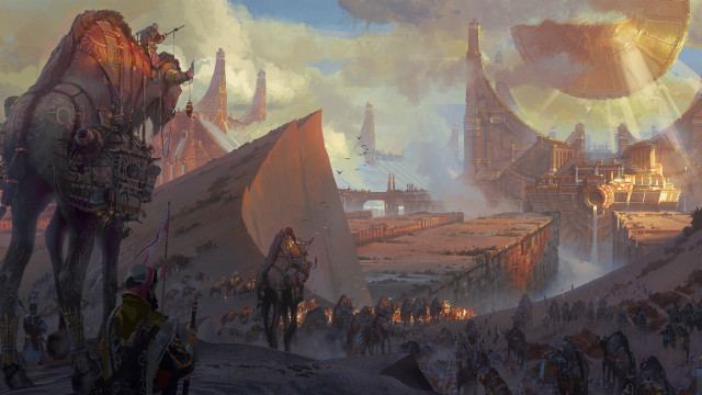 Futuristic city giant camel crowd free wallpaper for desktop - medium preview image