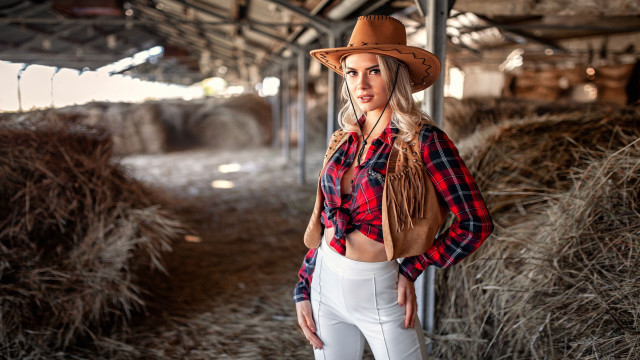 Cowgirl barn hay bales blonde free wallpaper for desktop - medium preview image
