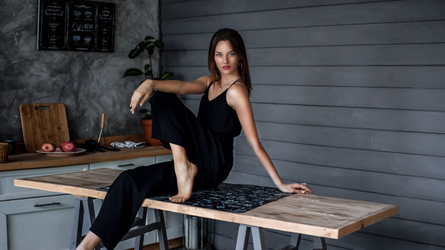 Woman sitting kitchen knives black free wallpaper for desktop - medium preview image