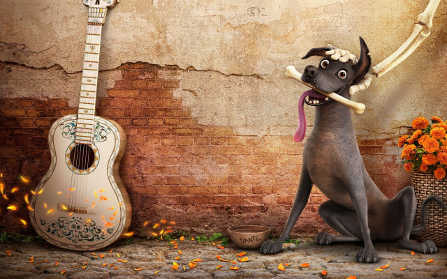 Dog guitar flower wall brick free wallpaper for desktop - medium preview image