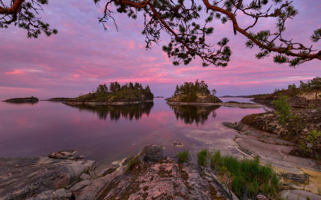 Sunset lake islands pink sky free wallpaper for desktop - medium preview image