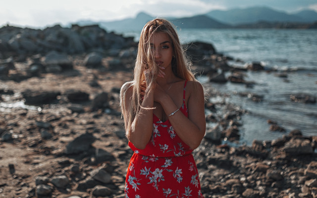 Woman red dress beach portrait free wallpaper for desktop - medium preview image